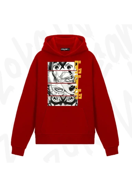 Zoka Wear Dandadan Eyes W Kaji Anime Baskılı Kırmızı Sweatshirt