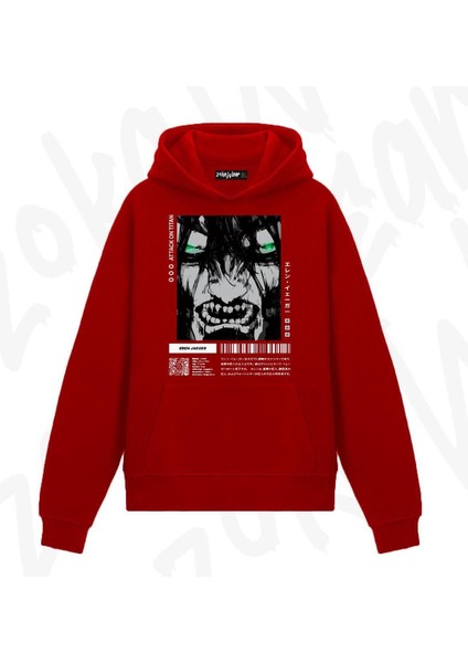 Zoka Wear Attack On Titan Eren Yeager 3 Anime Baskılı Kırmızı Sweatshirt