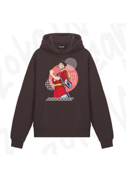 Zoka Wear One Piece Monkey D. Luffy V3 Anime Baskılı Kahverengi Sweatshirt