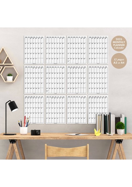 2025 12 Ay Planlayıcı Poster, Organizer Duvar Takvimi (33X48 cm & A4 Spiralli) modelleri