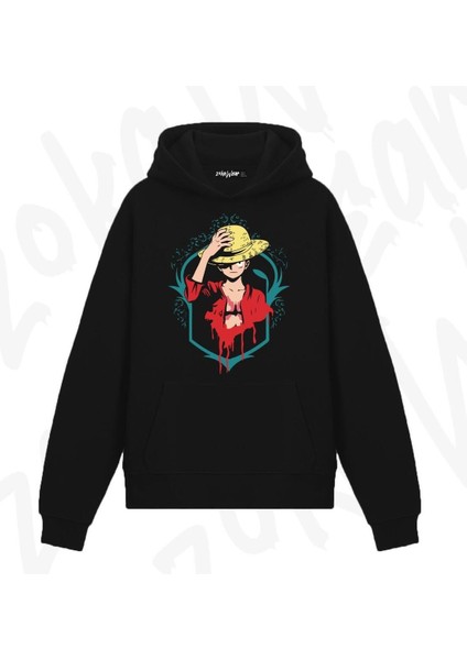 One Piece Monkey Dluffy Anime Baskılı Siyah Sweatshirt