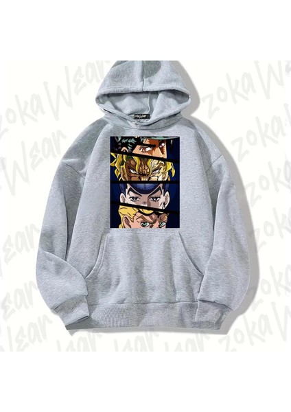 Zoka Wear Jojo's Bizarre Adventure Karakterler Anime Baskılı Gri Sweatshirt