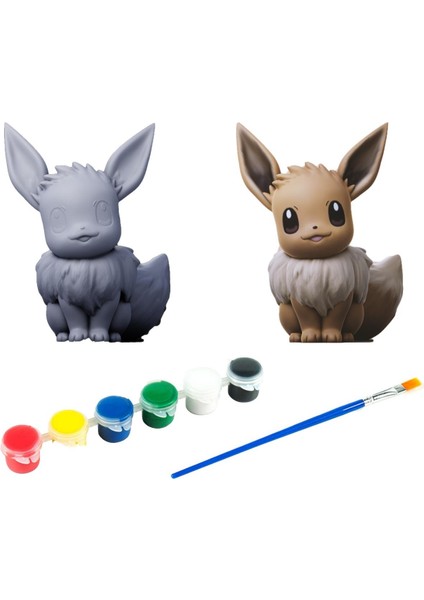 Eevee Pokemon Kendi Biblonu Kendin Boya Seti - 3 Boyutlu Sevimli Biblolar + 5 Akrilik Boya ve Fırça Seti