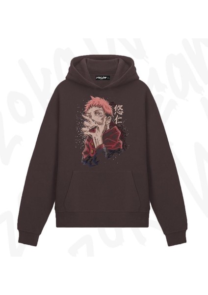 Zoka Wear Oversize Jujutsu Kaisen Anime Baskılı Kahverengi Sweatshirt