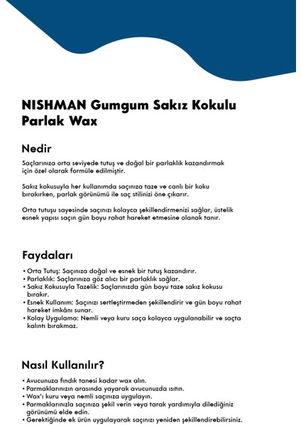 NISHMAN 01 Gumgum Aqua Saç Şekillendirici Wax - Güçlü Tutuculuk Ve Parlak Görünüm 150 ml indirimleri