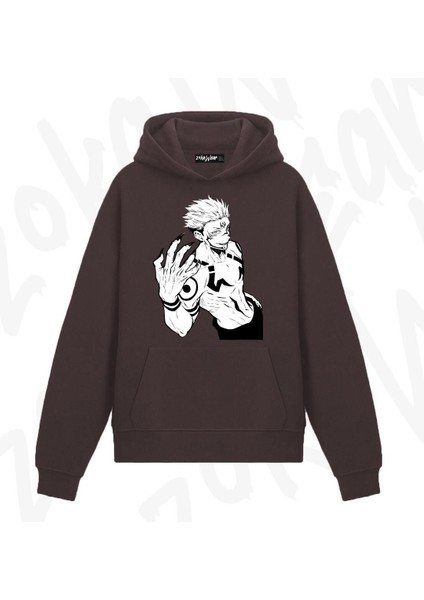 Zoka Wear Jujutsu Kaisen Sukuna Ryomen V4 Anime Baskılı Kahverengi Sweatshirt