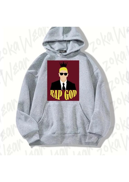 Zoka Wear Gri Eminem Rap God Tasarım Baskılı Kapşonlu Sweatshirt