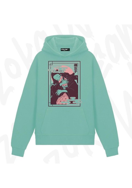 Zoka Wear Demon Slayer Nezuko Kamadoo Anime Baskılı Su Yeşili Sweatshirt