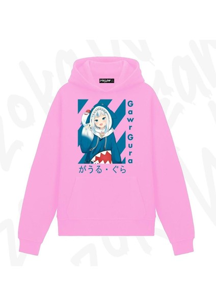 Zoka Wear Gura Gawr Anime Baskılı Pembe Sweatshirt