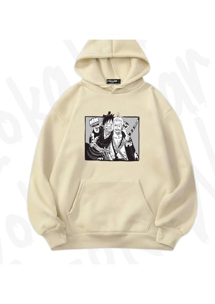 Zoka Wear One Piece Luffy ve Zoro Karakter Anime Baskılı Bej Sweatshirt