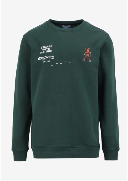 Koyu Yeşil Erkek Bisiklet Yaka Relaxed Fit Baskılı Sweatshirt D4WM-SWT3283