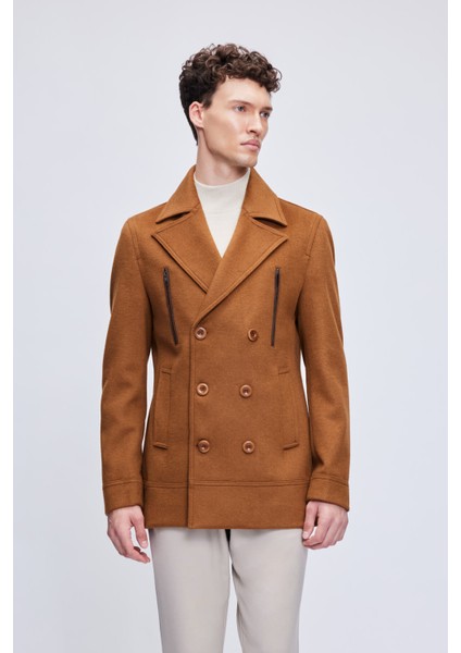Camel Slim Fit Düz Kruvaze Yünlü Kaşe Kaban