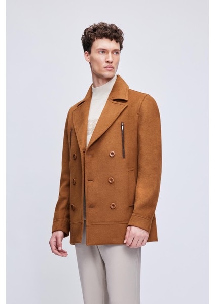 Camel Slim Fit Düz Kruvaze Yünlü Kaşe Kaban fırsatları
