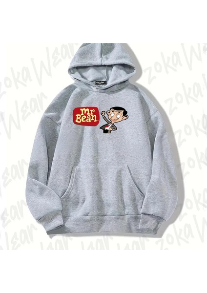 Gri Mr. Bean B Tasarım Baskılı Kapşonlu Sweatshirt