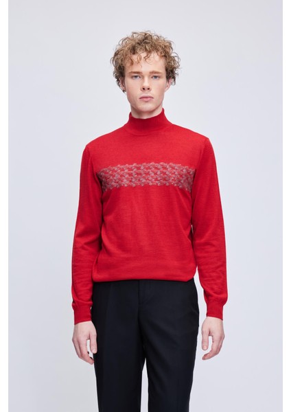 Kırmızı Regular Fit Jakarlı Yarım Balıkçı Yaka Yünlü Triko Kazak