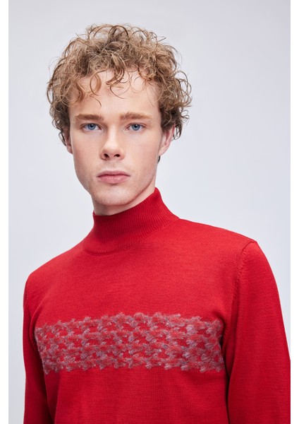 Kırmızı Regular Fit Jakarlı Yarım Balıkçı Yaka Yünlü Triko Kazak fiyatları