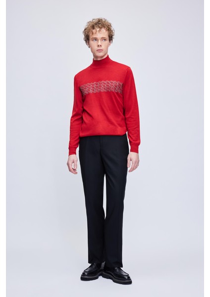 Kırmızı Regular Fit Jakarlı Yarım Balıkçı Yaka Yünlü Triko Kazak modelleri