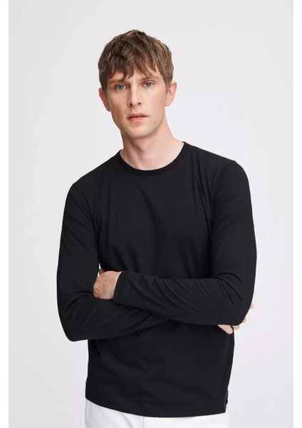 Erkek Siyah Basic Bisiklet Yaka Uzun Kollu T-Shirt %100 Pamuk Sweatshirt