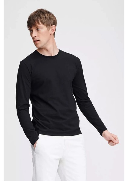 Erkek Siyah Basic Bisiklet Yaka Uzun Kollu T-Shirt %100 Pamuk Sweatshirt