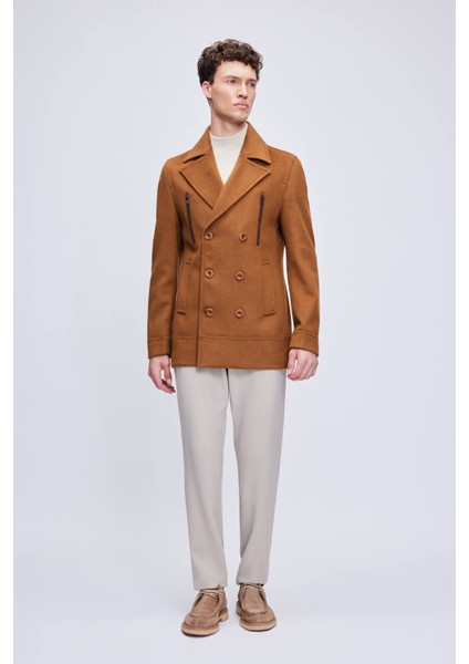 Camel Slim Fit Düz Kruvaze Yünlü Kaşe Kaban fiyatları