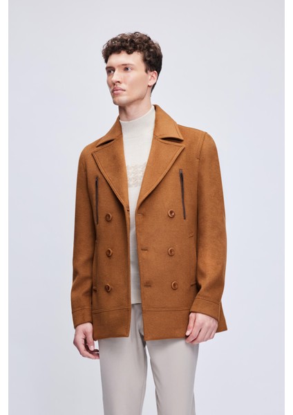 Camel Slim Fit Düz Kruvaze Yünlü Kaşe Kaban modelleri