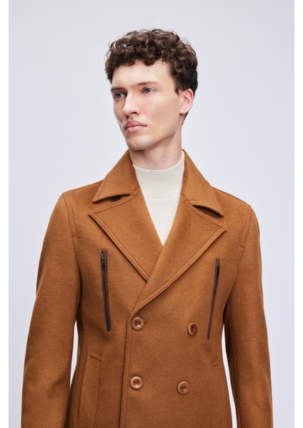 Camel Slim Fit Düz Kruvaze Yünlü Kaşe Kaban indirimleri