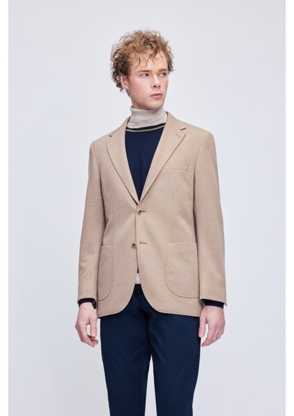 Kahverengi Slim Fit Desenli Mono Yaka Klasik Ceket