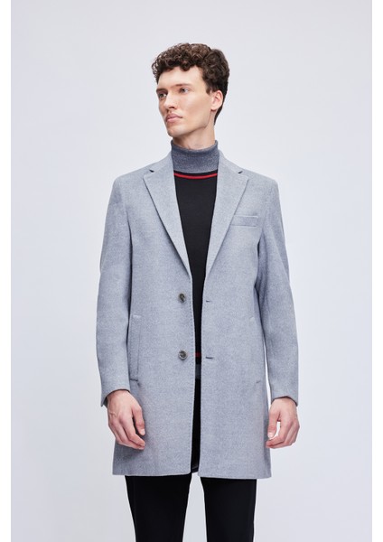 Gri Slim Fit Ceket Yaka Yünlü Kaşe Palto modelleri
