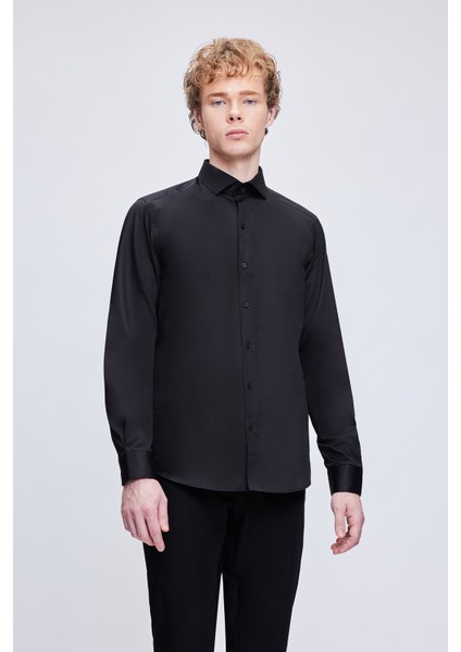 Siyah Slim Fit 100% Pamuk Açık Italyan Yaka Uzun Kollu Saten Gömlek