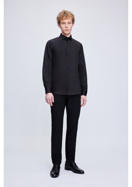 Siyah Slim Fit 100% Pamuk Açık Italyan Yaka Uzun Kollu Saten Gömlek fiyatları