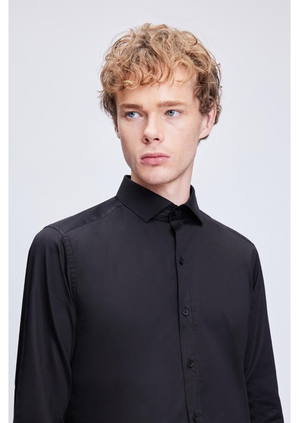 Siyah Slim Fit 100% Pamuk Açık Italyan Yaka Uzun Kollu Saten Gömlek modelleri