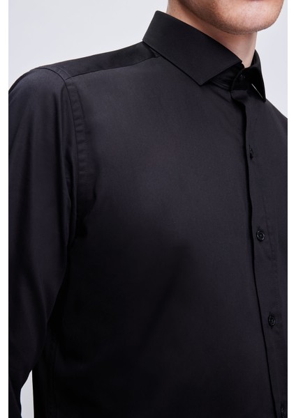Siyah Slim Fit 100% Pamuk Açık Italyan Yaka Uzun Kollu Saten Gömlek fırsatları
