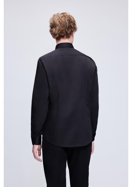 Siyah Slim Fit 100% Pamuk Açık Italyan Yaka Uzun Kollu Saten Gömlek indirimleri