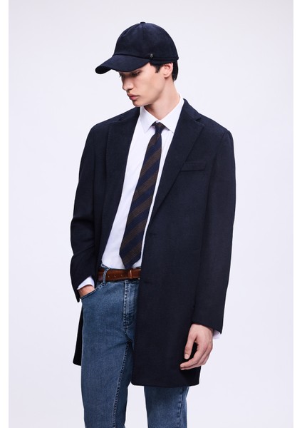 Lacivert Slim Fit Ceket Yaka Yünlü Kaşe Palto