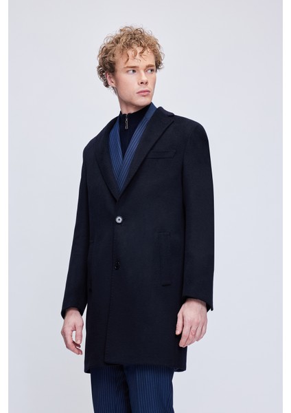 Lacivert Slim Fit Ceket Yaka Yünlü Kaşe Palto fiyatları