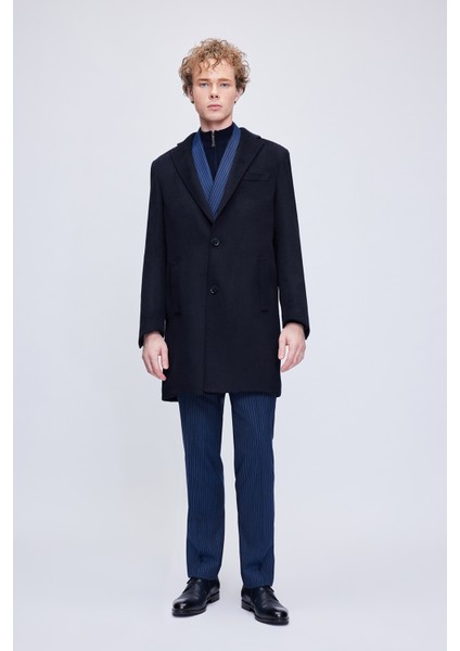 Lacivert Slim Fit Ceket Yaka Yünlü Kaşe Palto modelleri