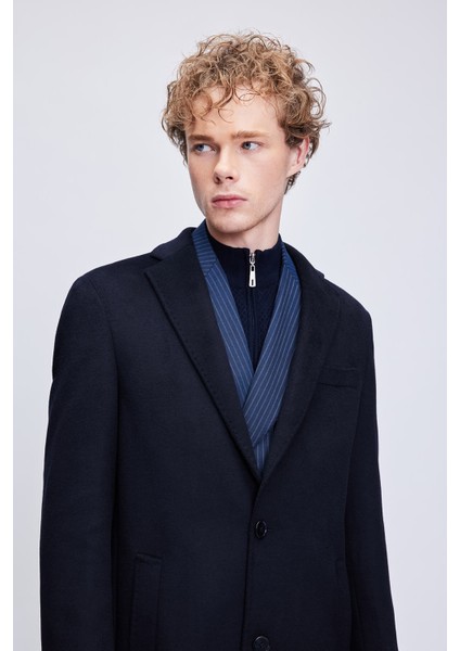 Lacivert Slim Fit Ceket Yaka Yünlü Kaşe Palto fırsatları