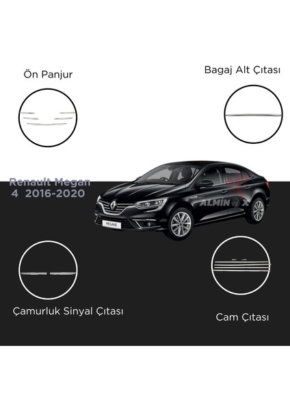 Renault Megane 4 2016-2020 Set Ön Panjur -Bagaj Alt Çıtası- Çamurluksinyal Çıtası - Cam Çıta