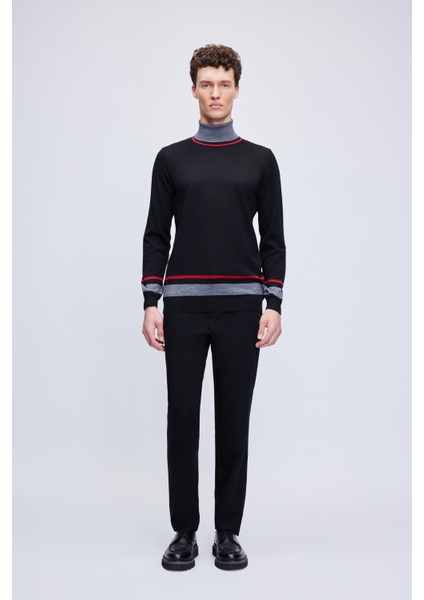 Siyah Regular Fit Çizgili Balıkçı Yaka Yünlü Triko Kazak fiyatları