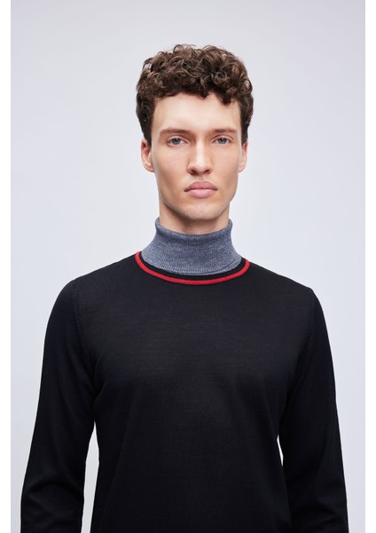 Siyah Regular Fit Çizgili Balıkçı Yaka Yünlü Triko Kazak modelleri