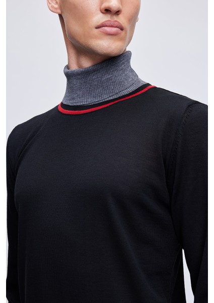Siyah Regular Fit Çizgili Balıkçı Yaka Yünlü Triko Kazak fırsatları