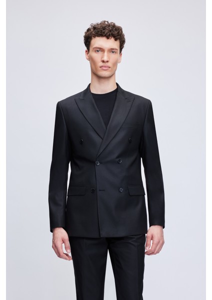 Siyah Regular Fit Kruvaze Klasik Takım Elbise