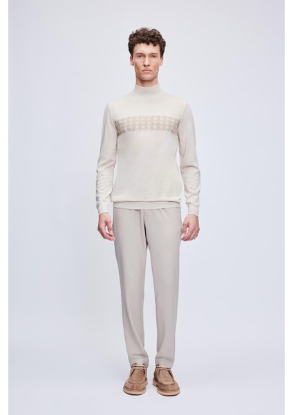 Bej Regular Fit Jakarlı Yarım Balıkçı Yaka Yünlü Triko Kazak fiyatları