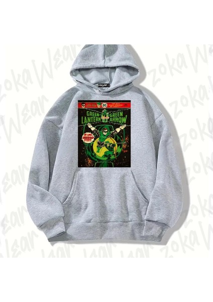 Gri Green Lantern Tasarım Baskılı Kapşonlu Sweatshirt