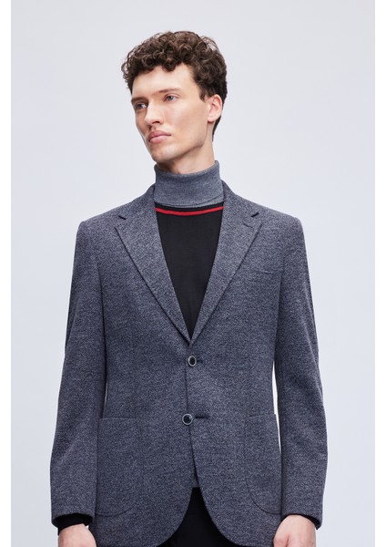 Lacivert Slim Fit Desenli Mono Yaka Klasik Ceket