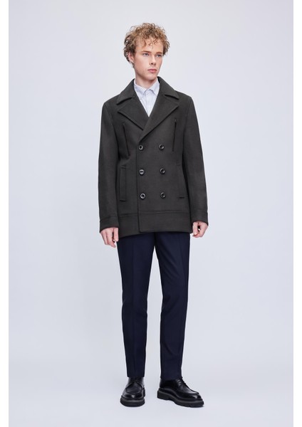 Haki Slim Fit Düz Kruvaze Yünlü Kaşe Kaban fiyatları