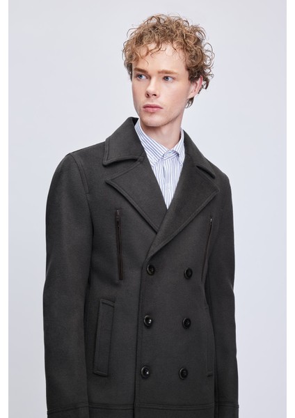 Haki Slim Fit Düz Kruvaze Yünlü Kaşe Kaban modelleri