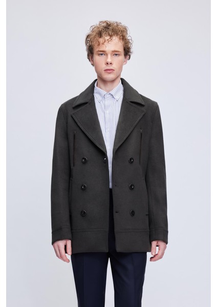 Haki Slim Fit Düz Kruvaze Yünlü Kaşe Kaban fırsatları