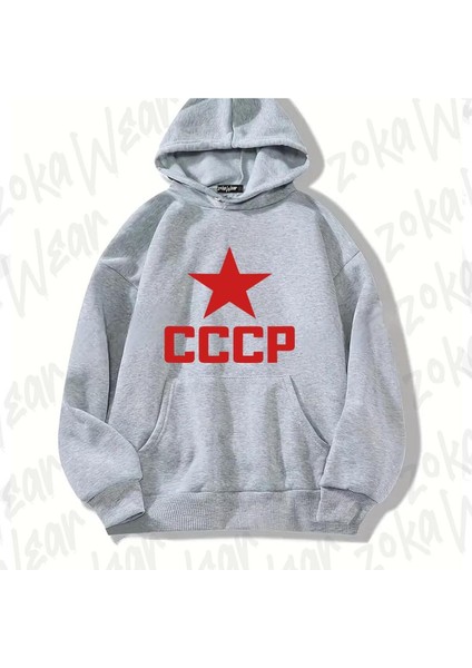 Gri Red Cccp Sovyetler Birliği Tasarım Baskılı Kapşonlu Sweatshirt