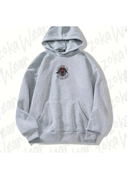 Gri Dead Pool Gun Show Tasarım Baskılı Kapşonlu Sweatshirt